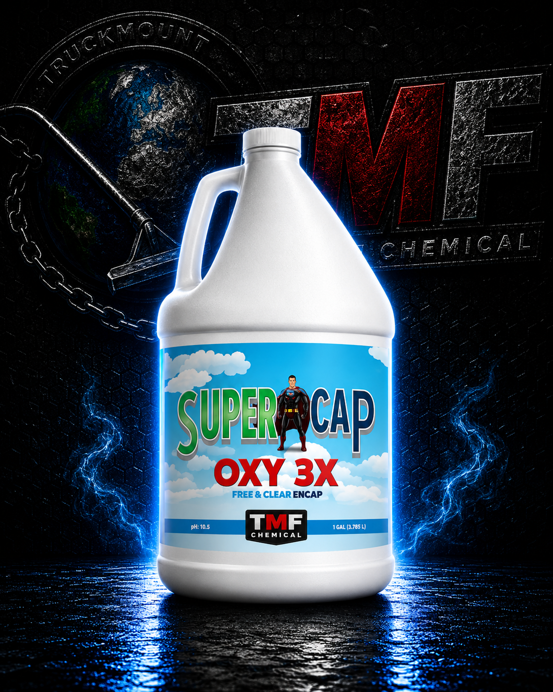 Gallon bottle of Super Cap OXY 3X with TME Chemical logo on a dark background