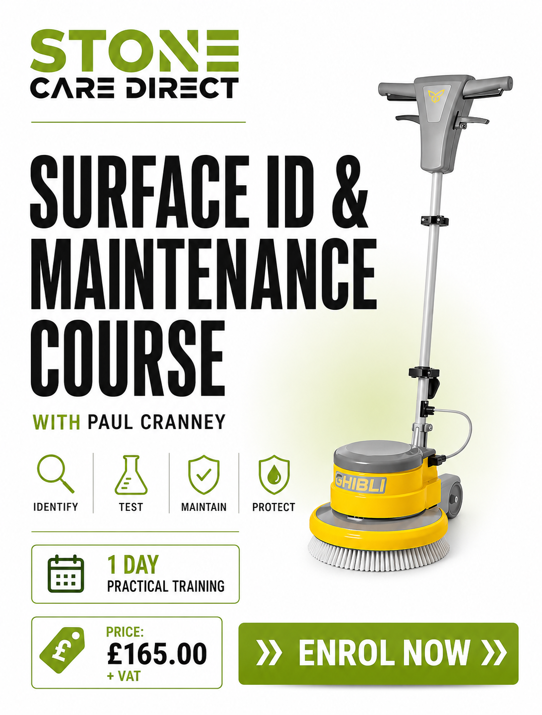Advertisement for Stone Care Direct surface ID & maintenance course with a floor cleaning machine on a white background.