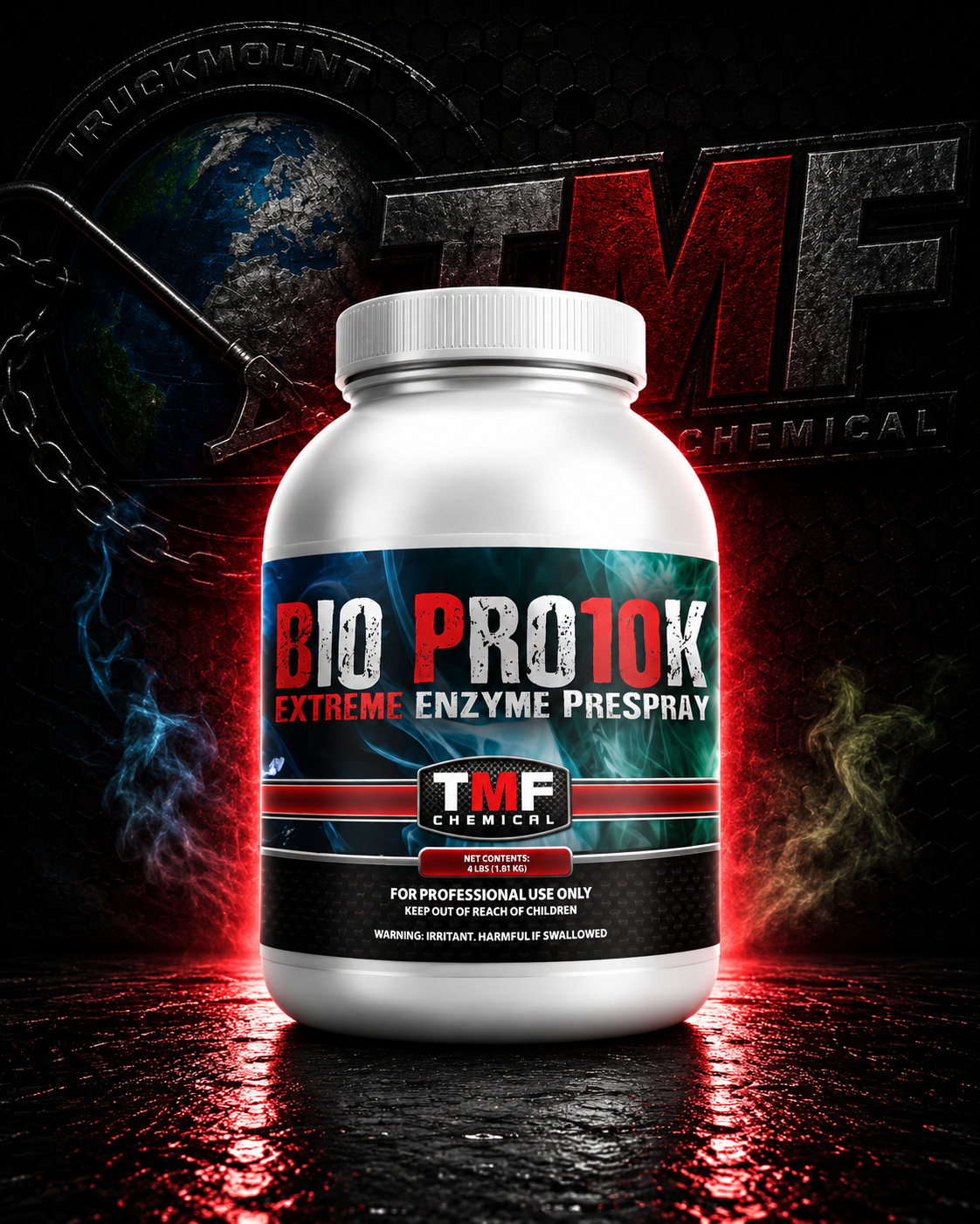 Bottle of Bio Pro10K Extreme Enzyme Prespray with truckmount forums Chemical branding on a dark background.
