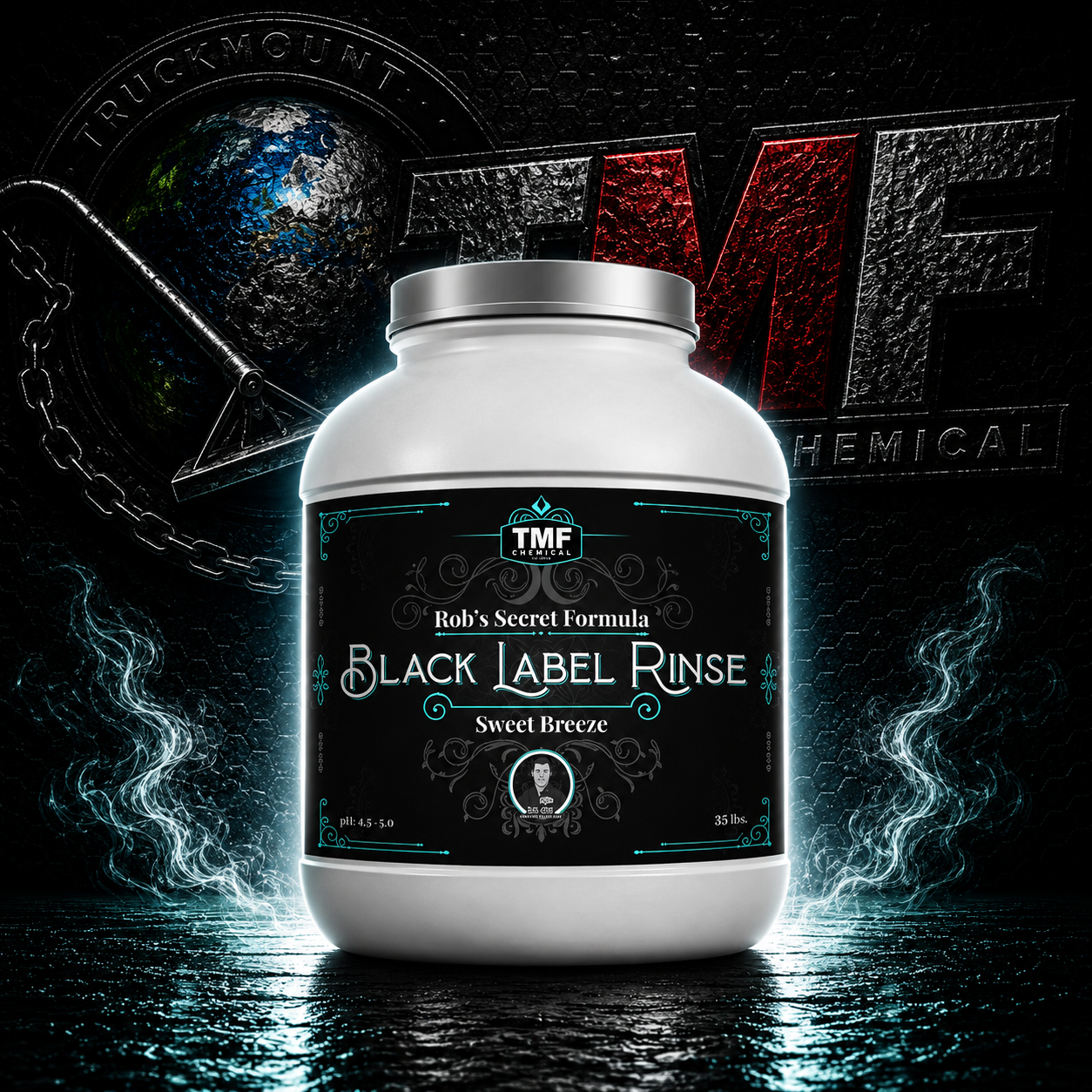 White bottle with black label on a dark background with TWF Chemicals branding.