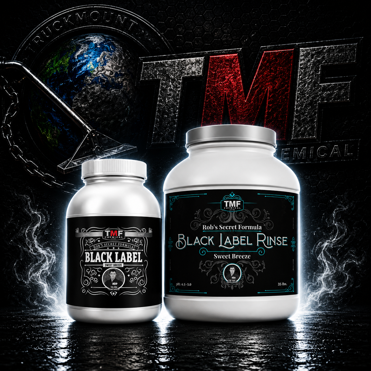 Two bottles of TMF Black Label Rinse on a dark background with the brand logo.