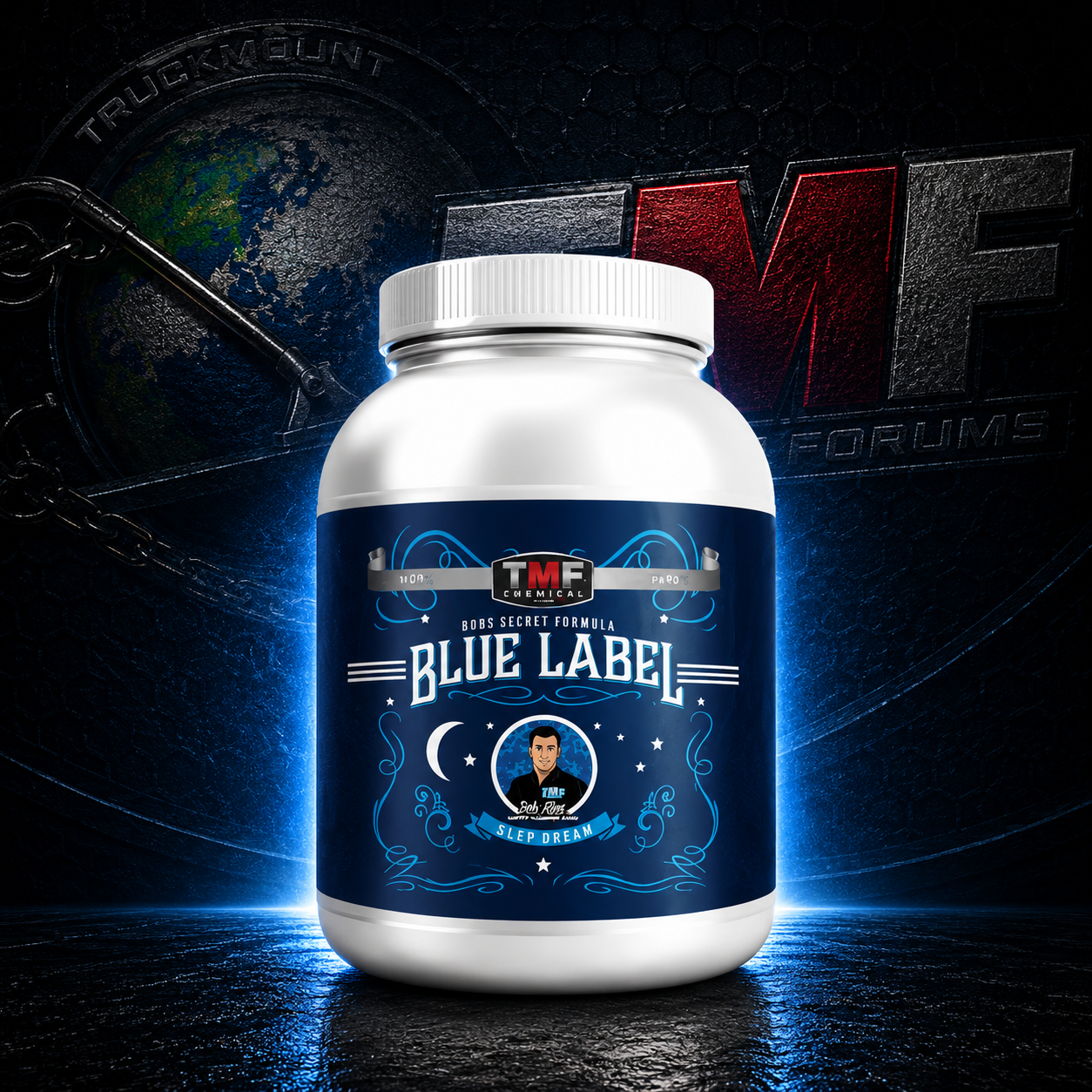 Blue Label supplement bottle with a dark background featuring logos.