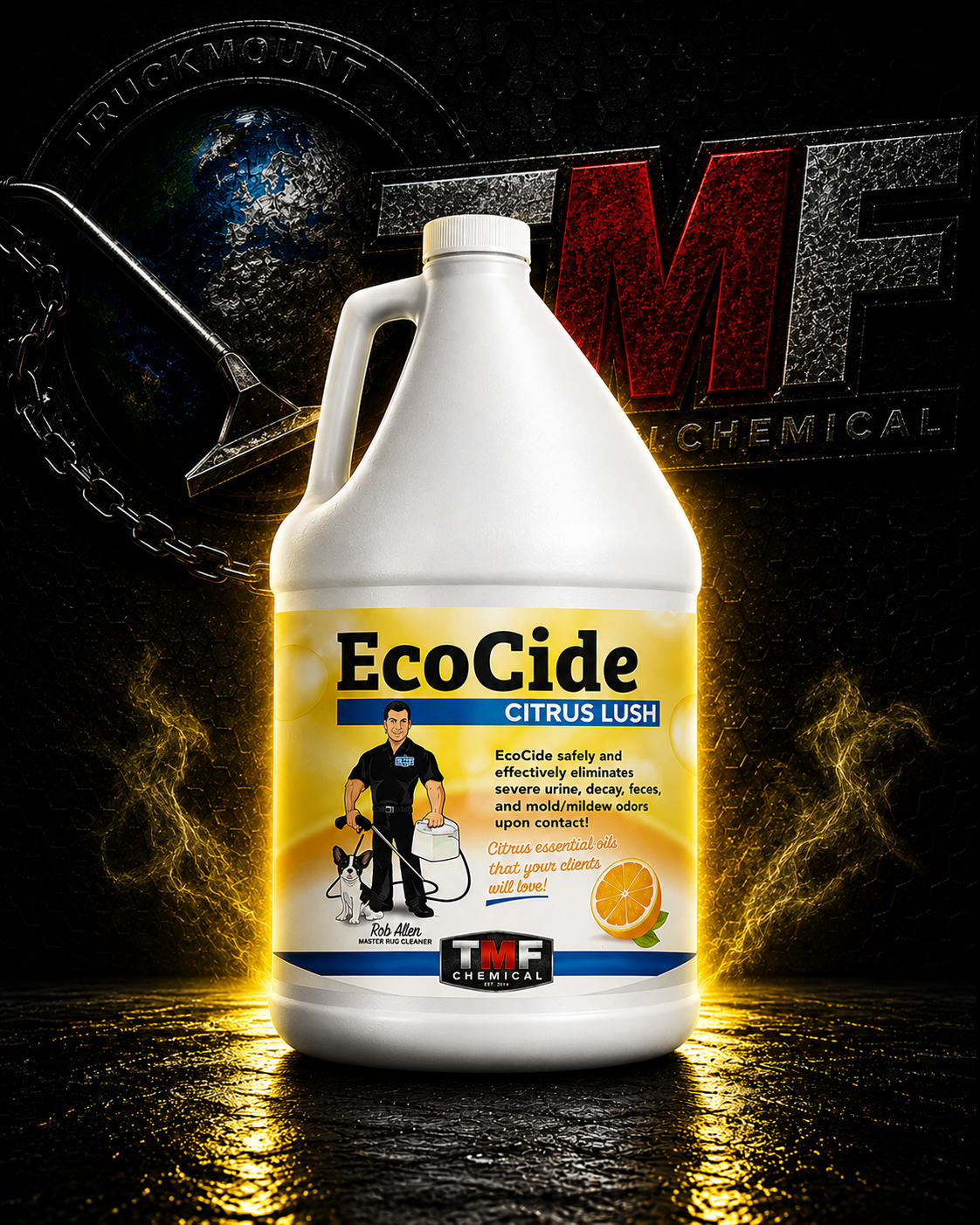 EcoCide Citrus Lush bottle with T&M Chemical logo on a dark background