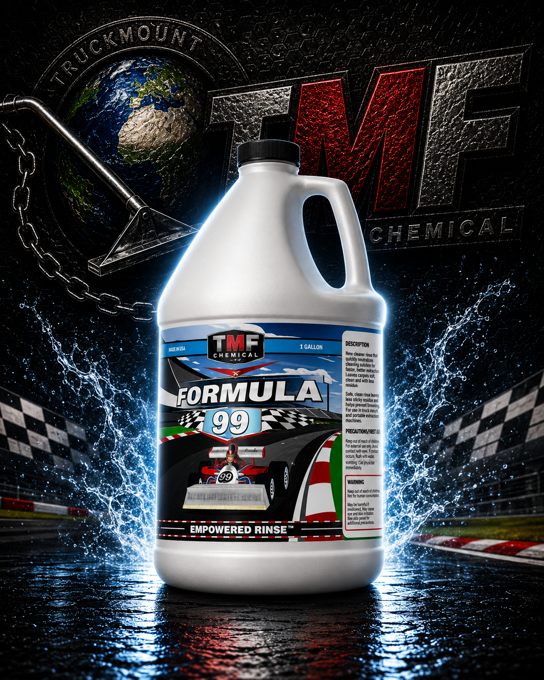 Gallon container of TMF Chemical Formula 99 with racing-themed background