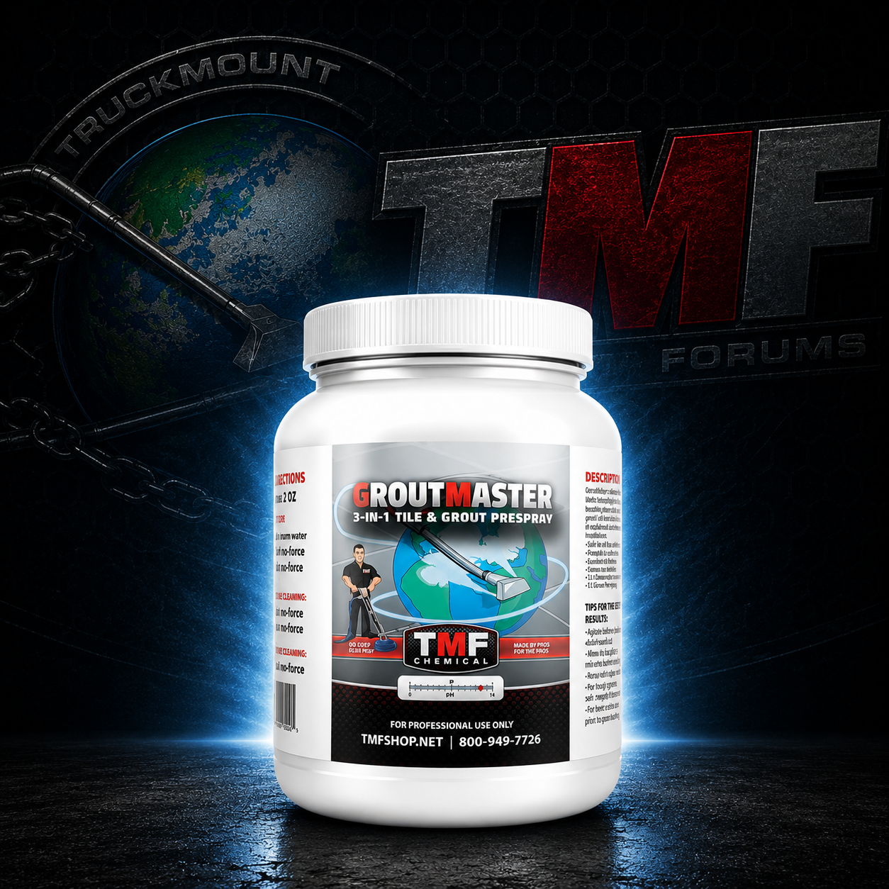 GroutMaster product container with TMF Chemicals branding on a dark background