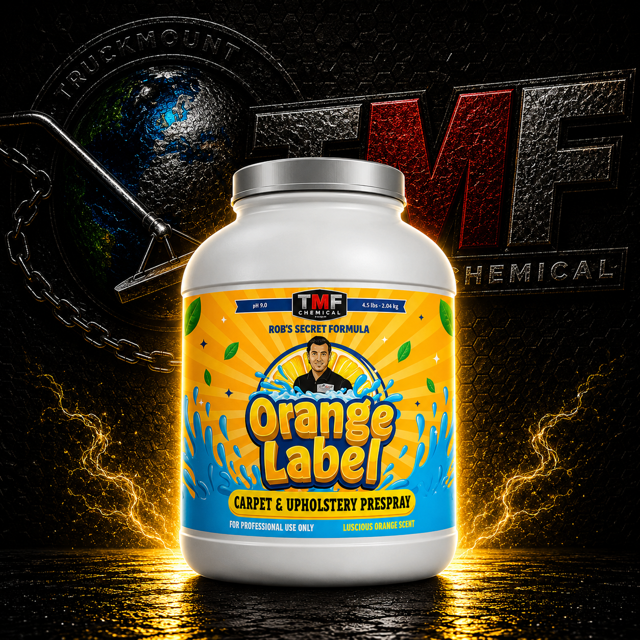 Orange Label carpet and upholstery prespray bottle with a dark background featuring a logo.
