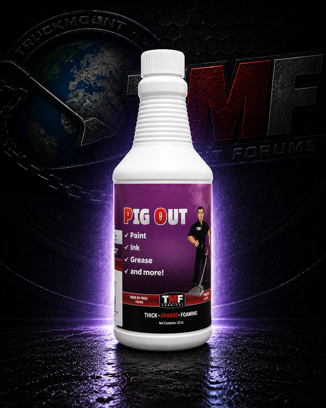 Bottle of 'Pig Out' cleaning solution with a dark background