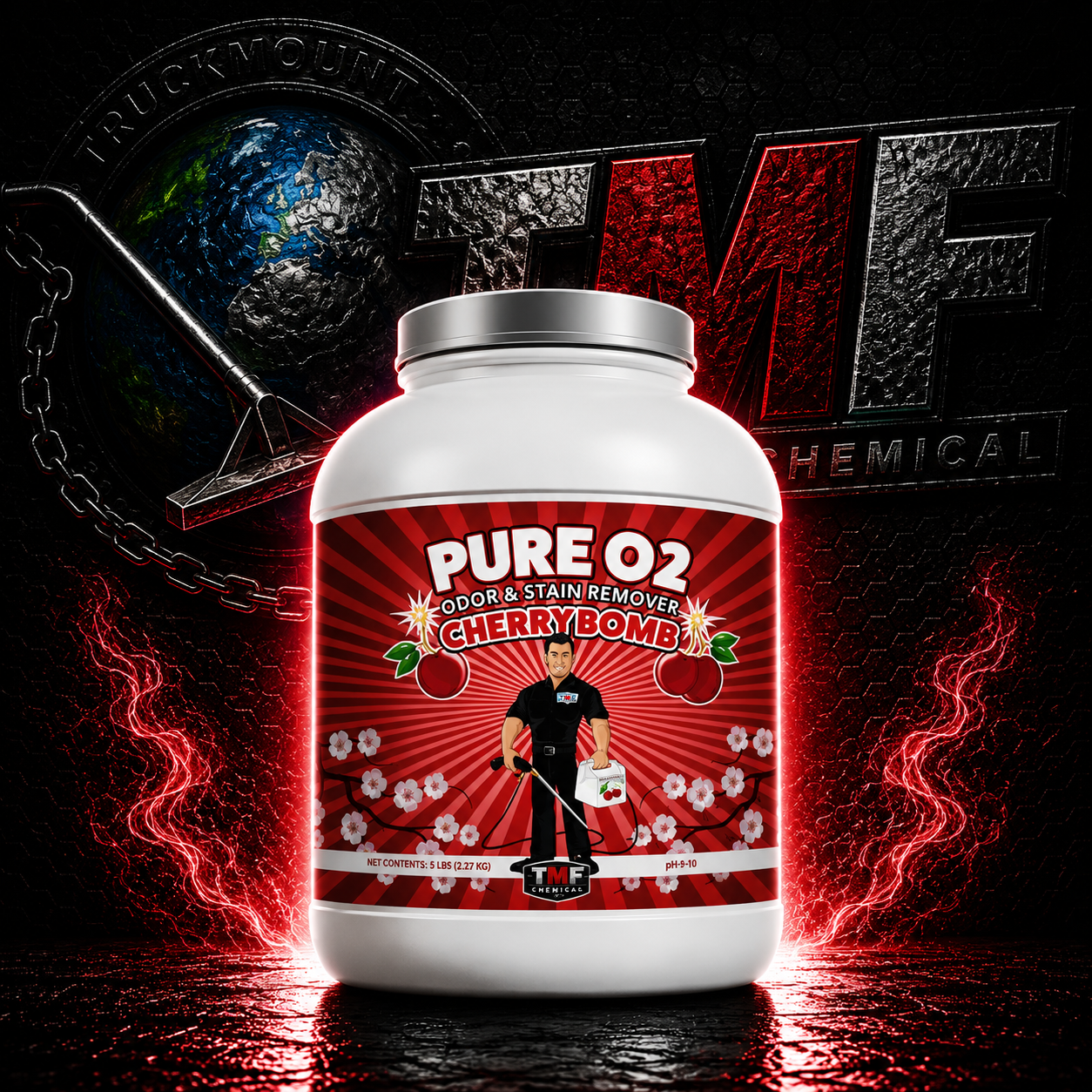 Pure O2 Odor & Stain Remover Cherry Bomb container with a red label on a dark background with text and graphics.