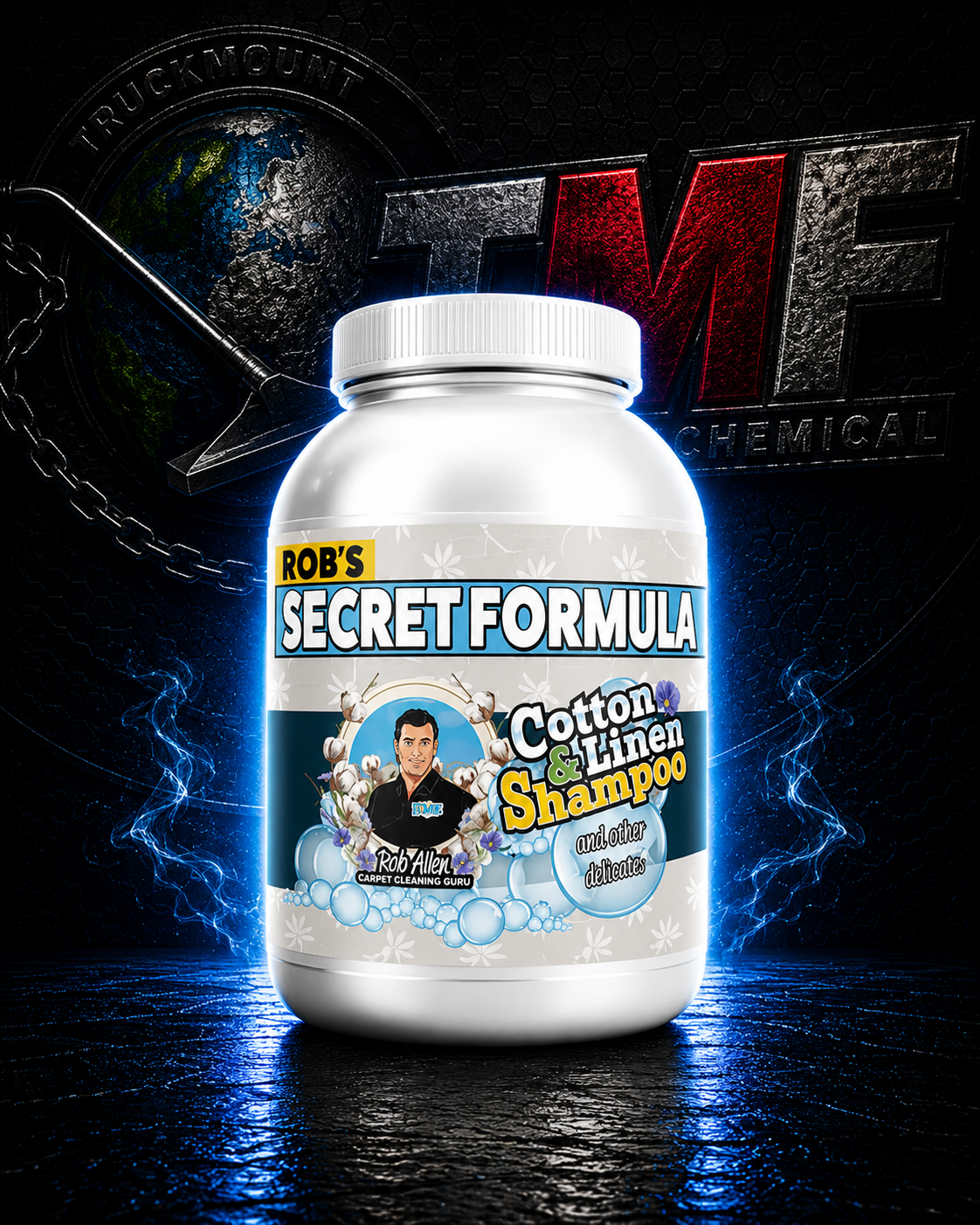 Bottle of Rob's Secret Formula Cotton & Linen Shampoo with a dark background and logo.