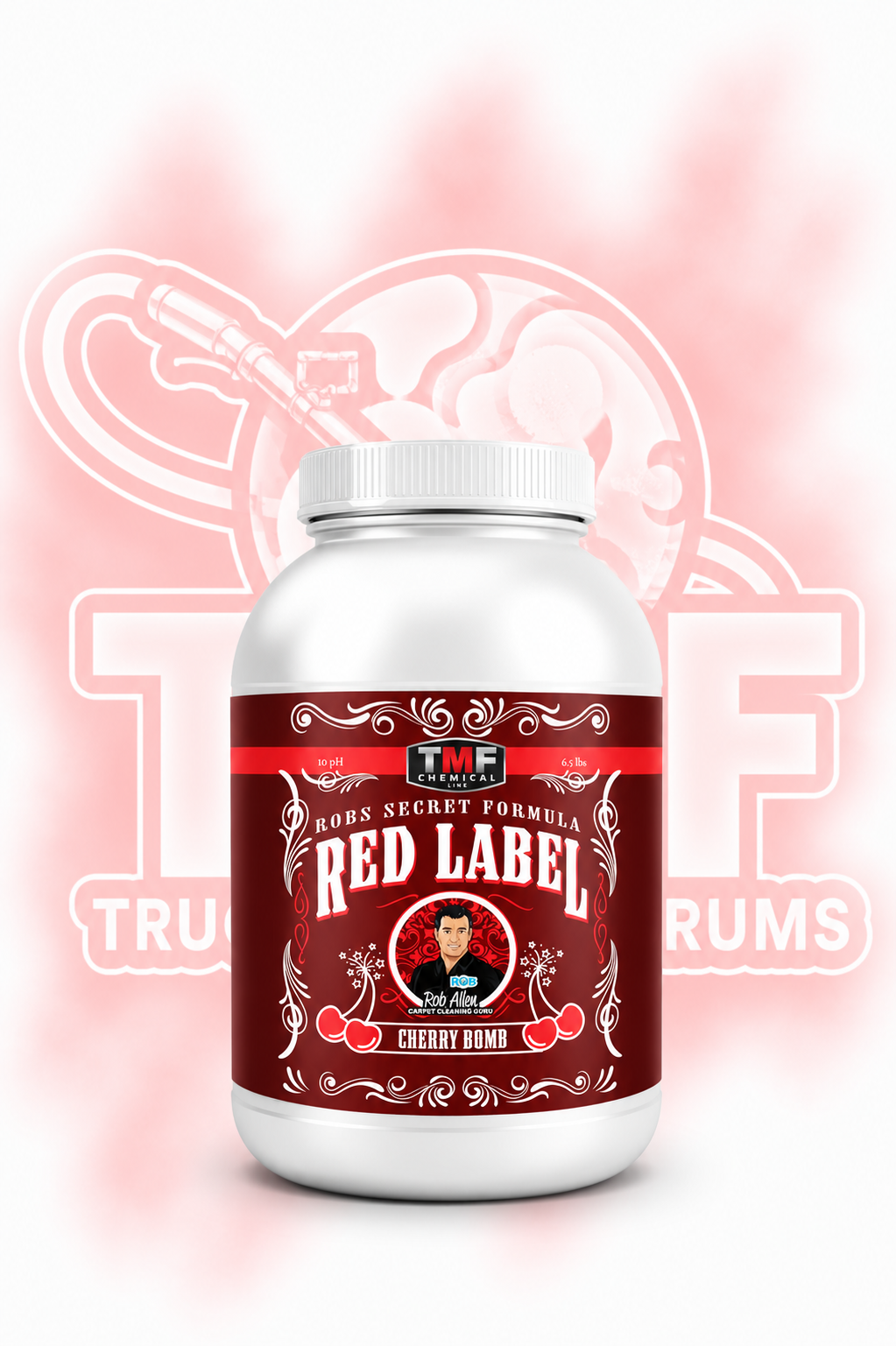TMF Red Label Cherry Bomb Scent Carpet Pre-Spray with a red haze
