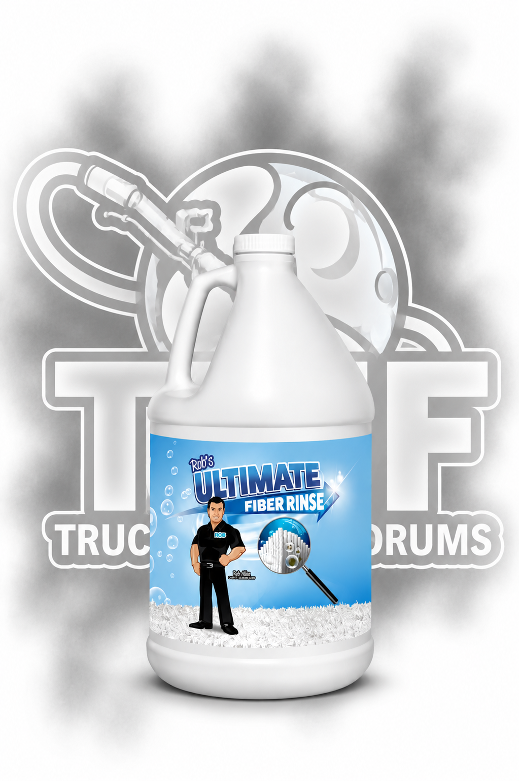 A white plastic gallon jug of 'The Ultimate Fiber Rinse' with a blue and white label, set against a gray smoky background with a large white 'Turf Truck Forums' logo.