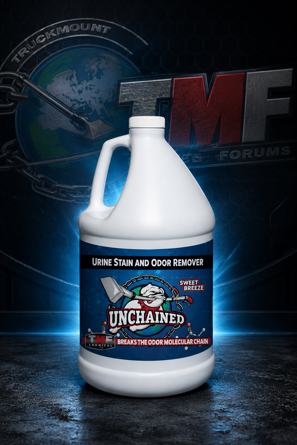 Gallon bottle of Unchained urine stain and odor remover with TMF logo in the background