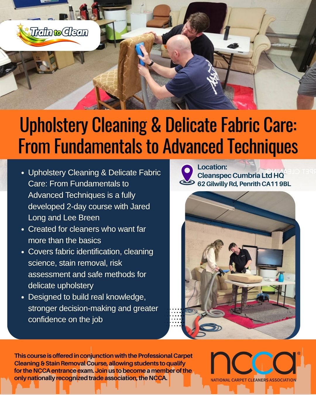 Upholstery cleaning training course at Cleanspec Cumbria in Penrith, with practical demonstrations and professional techniques.