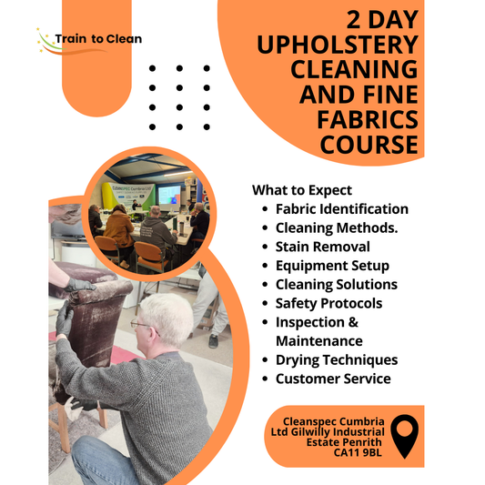 Join our 2-day hands-on upholstery cleaning course in Cumbria. Learn to clean fine fabrics safely with expert guidance from Train to Clean. Book now.


