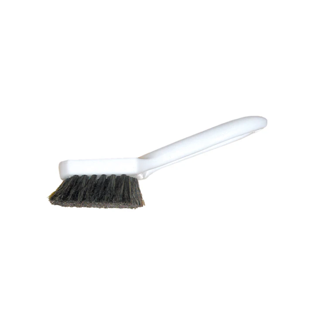 Upholstery horsehair brush with white handle and natural horsehair bristles for gentle fabric cleaning