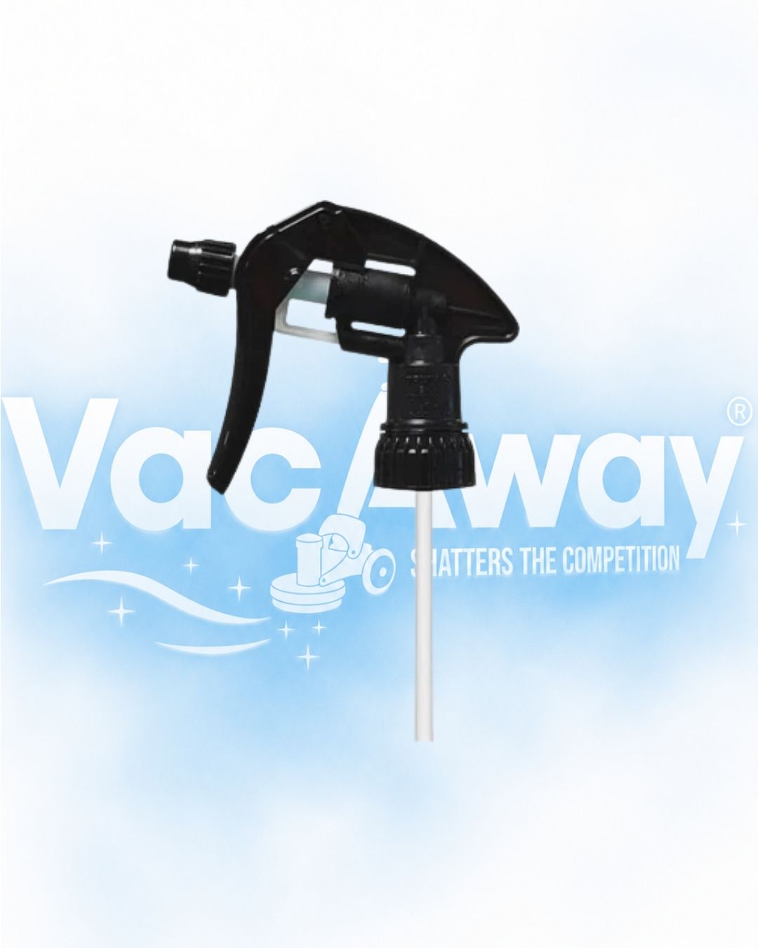 Black spray nozzle with 'Vacaway' branding on a light blue background