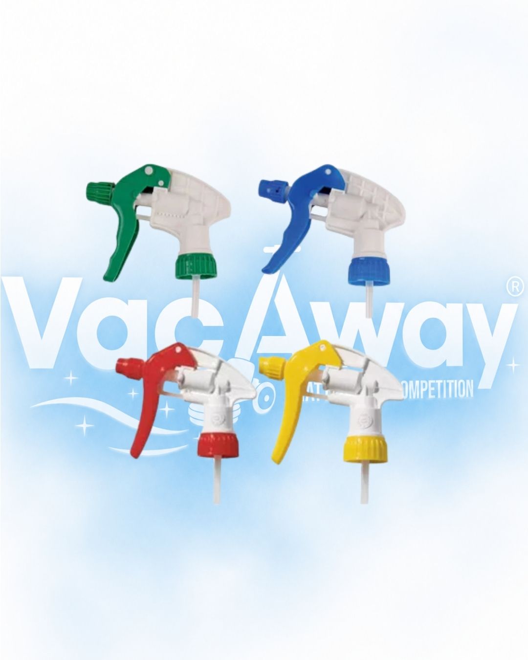 Four colorful spray nozzles with 'Vag Away' branding on a light blue background.