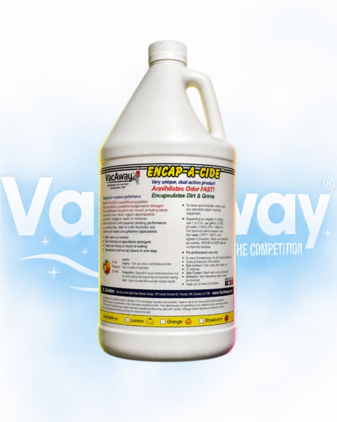 White bottle of Van-Away Encap-A-Cide on a light blue background