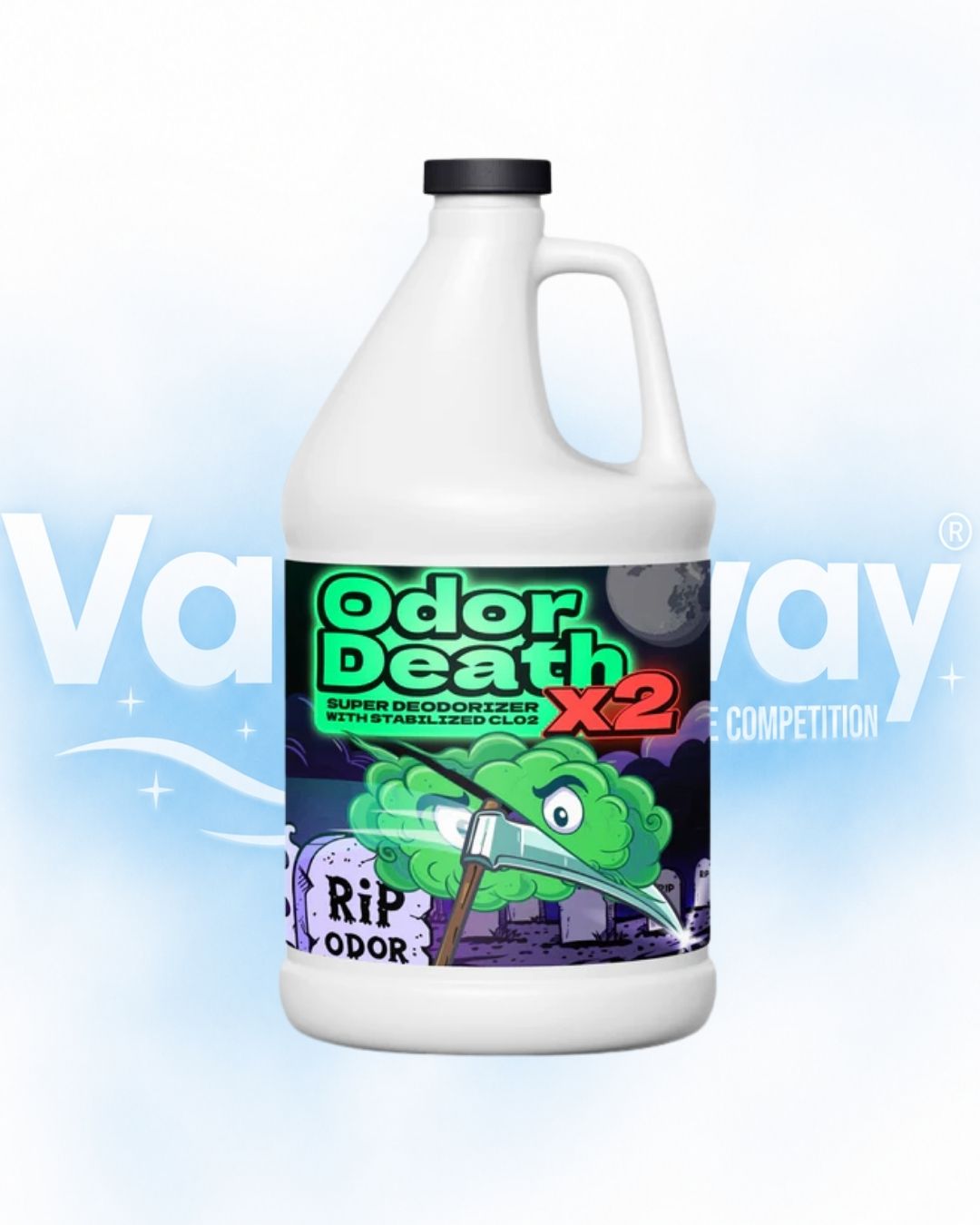 Gallon bottle of 'Odor Death X2' with colorful label on a light blue background