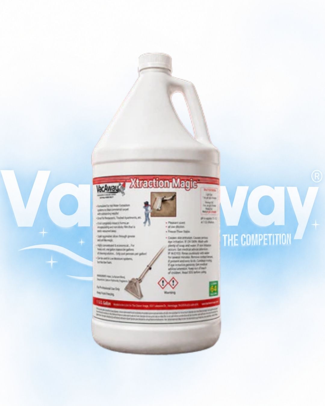 White bottle with red label featuring Van Way branding on a light blue background