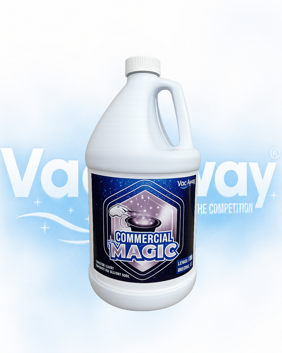 Bottle of 'Commercial Magic' cleaning solution with a blue gradient background