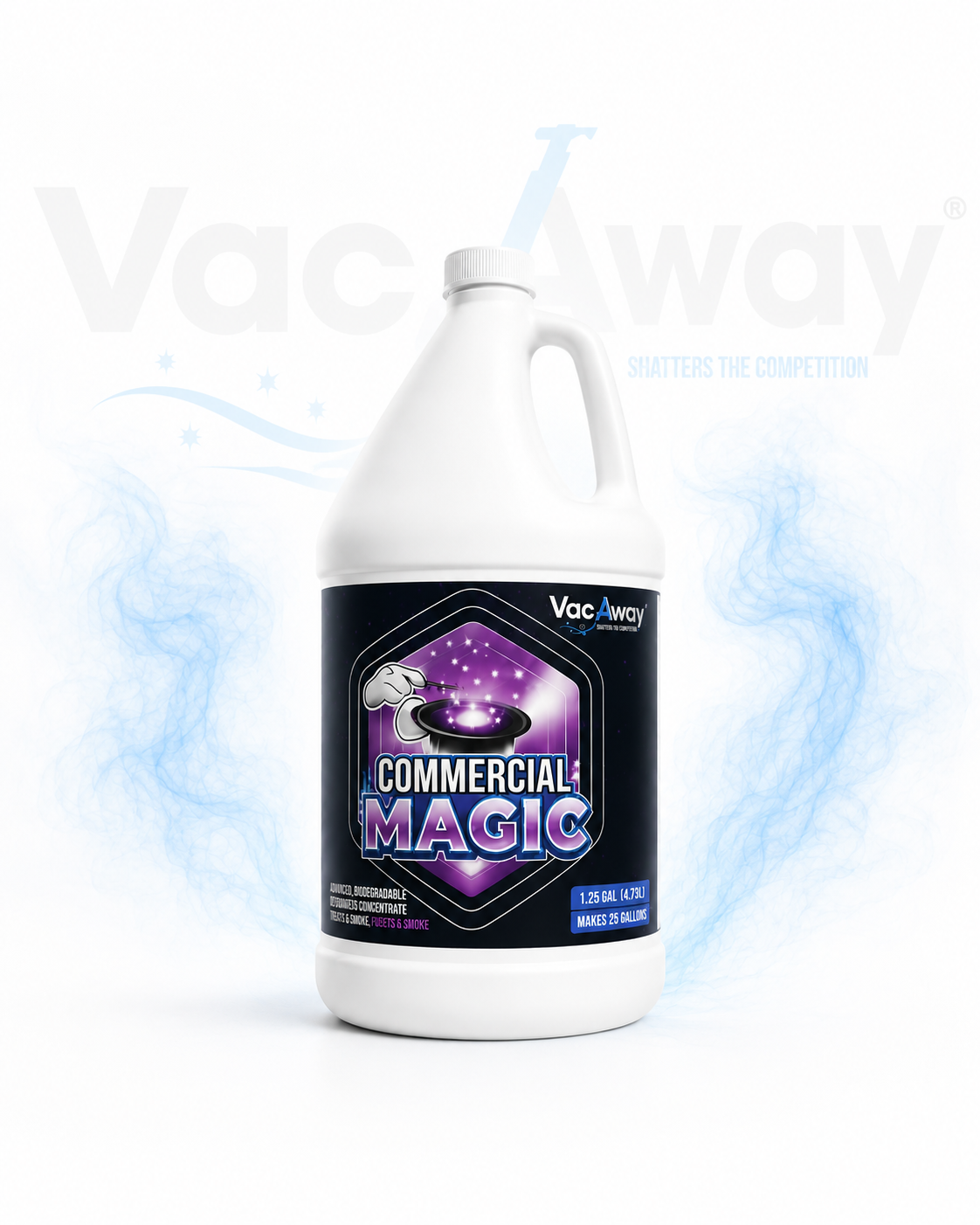 Gallon bottle of 'Commercial Magic' with a black label on a white background