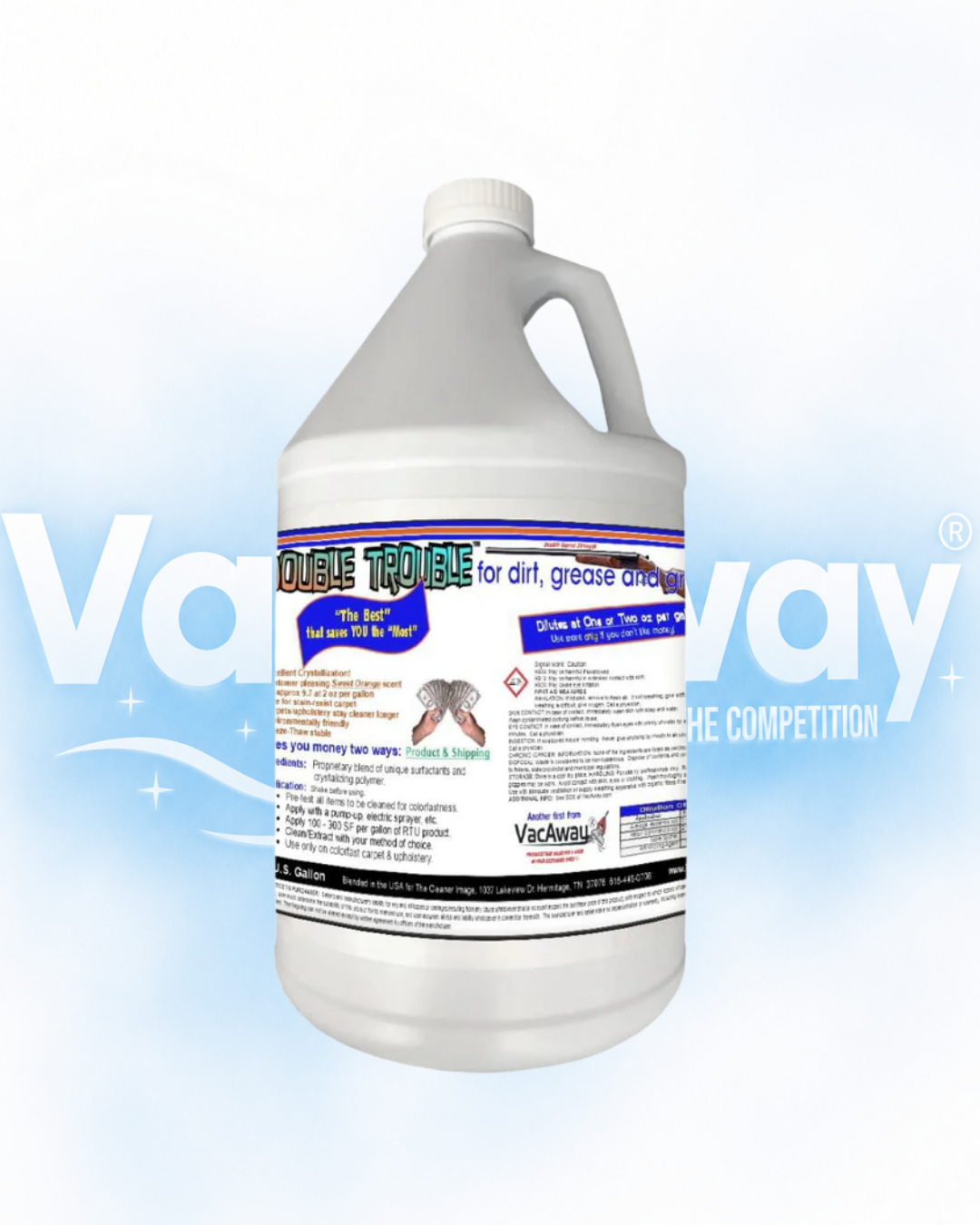 Gallon container of Vachway cleaning solution with a blue gradient background