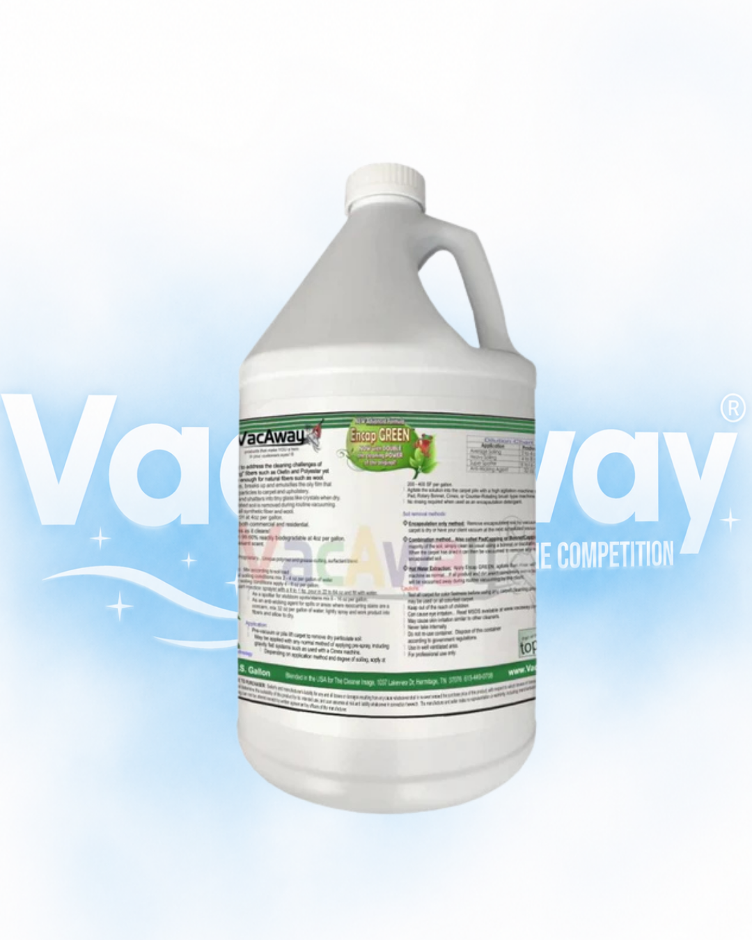 Gallon bottle of Va$away cleaning solution on a light blue background with brand name displayed.