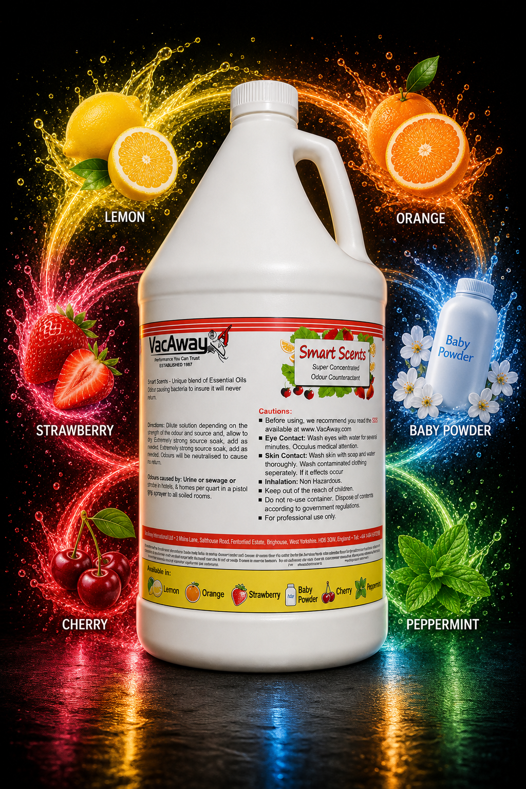 Large bottle of Smart Scents with colorful elements around it on a dark background