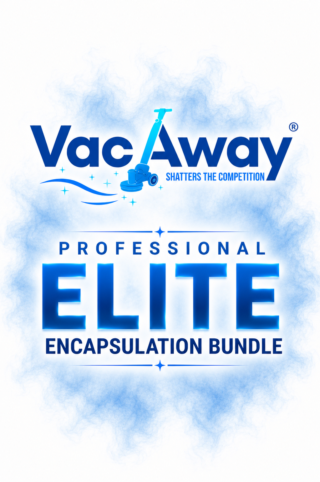 Promotional graphic for the VacAway Professional Elite Encapsulation Bundle, featuring blue and white text and a small vacuum illustration on a white background with soft blue smoke effects.