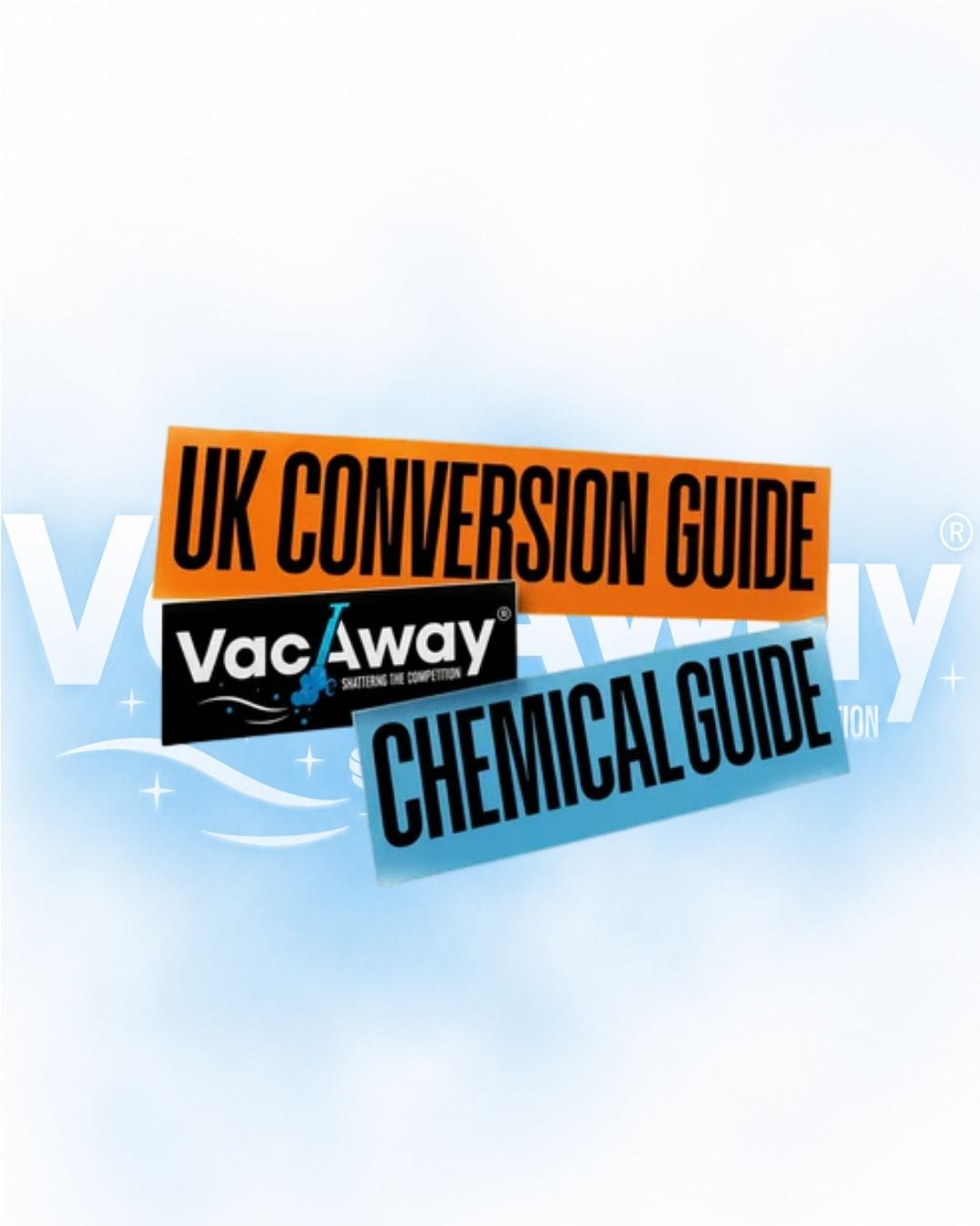 Three rectangular labels with 'VacAway' branding on a light blue background