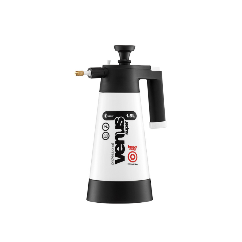 The Kwazar Venus Sprayer for Harsh Chemicals is specifically engineered to handle more acidic car cleaning products. It features Viton seals, a polyamide pump barrel, an adjustable nozzle, and a 1.5L capacity to ensure durability and reliability.