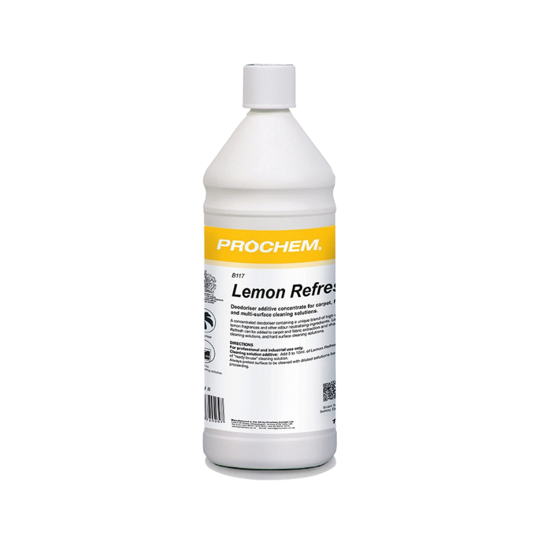 Prochem Lemon Refresh a concentrated fragrance additive which can be added to extraction, shampoo or any general cleaning solution.