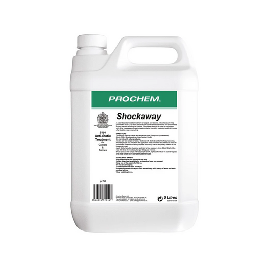 Prochem Shockaway 5L an anti-static treatment for carpets leaves a non sticky coating which conducts the electrical charge away from the fibre surface