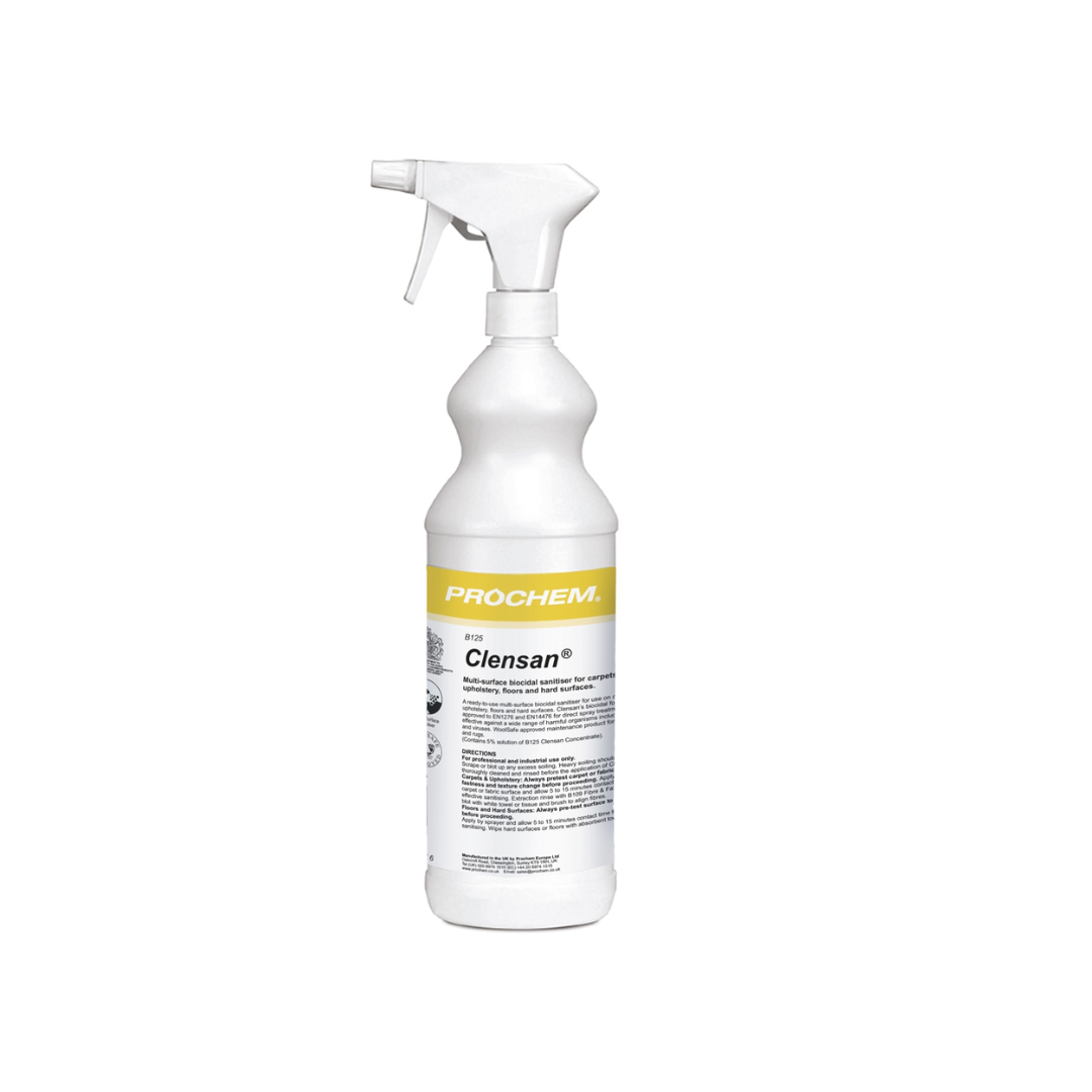 Clensan Biocidal Sanitiser 1L or carpets, upholstery, floors and hard surfaces. Effective against bacteria and viruses.