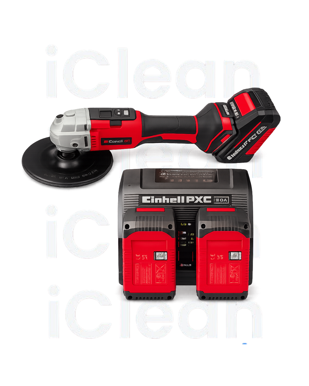Einhell PXC 1.0 3-in-1 cordless angle grinder kit with a red and black grinder, two matching red and black batteries, and a black dual-charger dock, shown on a white background with a faint iClean watermark.