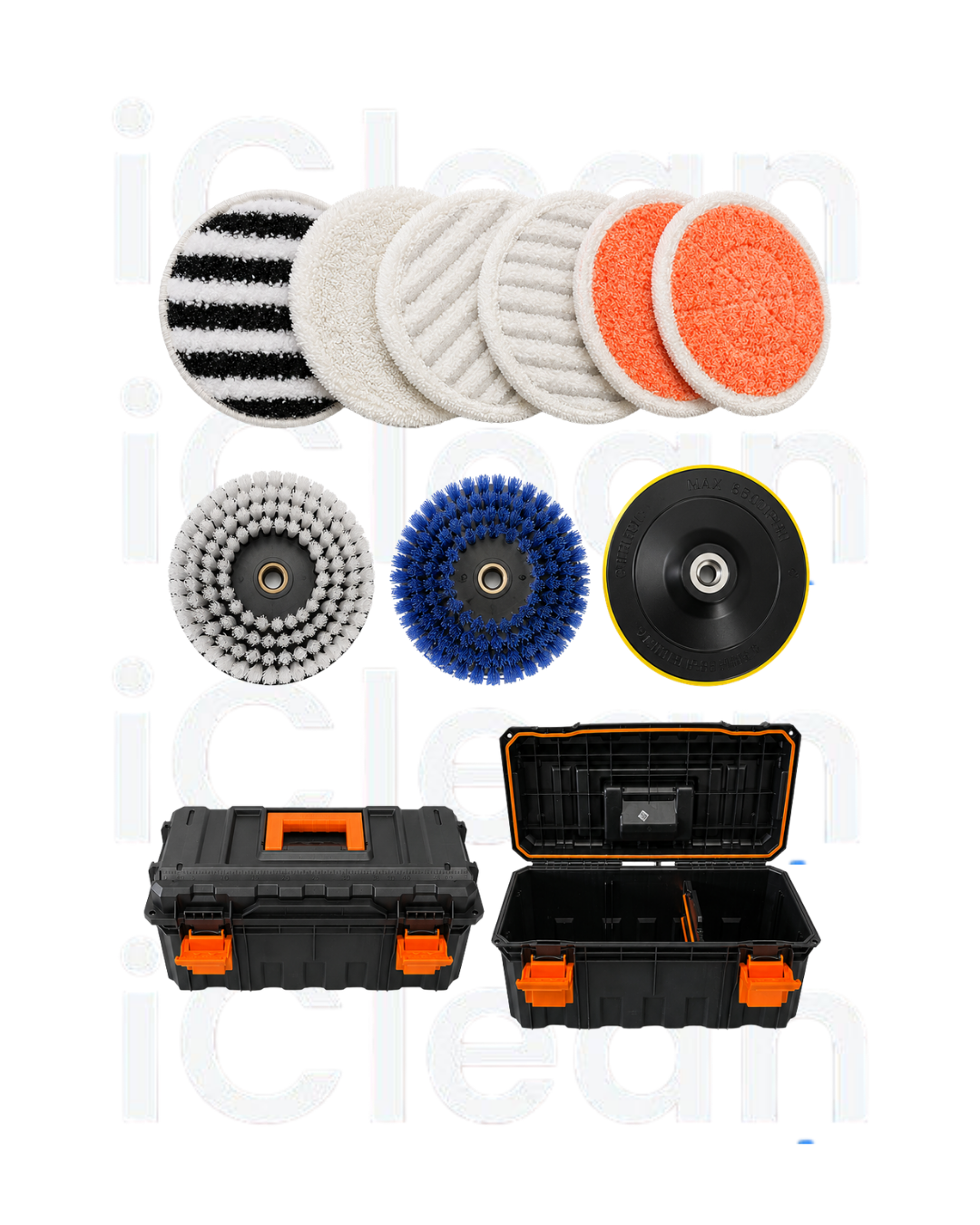 A 6-piece car waxing and polishing, UPHOLSTERY kit with various circular pads and a rotary buffer attachment, shown alongside an open and closed black hard carrying case with orange accents on a white background.