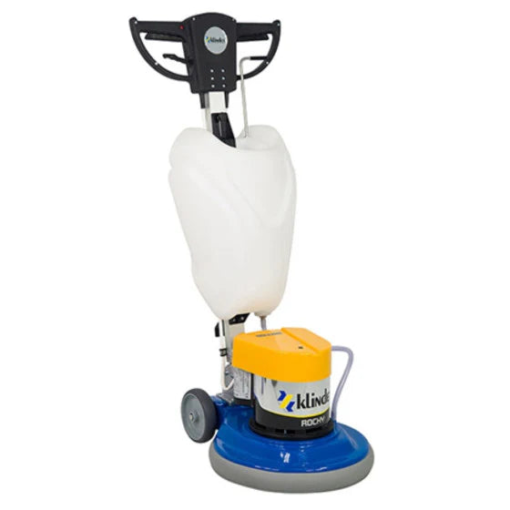 Klindex Rocky&nbsp;17" Complete with Brush, Tank and Driveboard.  This is a rotary floor cleaning and Polishing machine.  17' working width 18 Litre water tank 1.5HP motor. 1300 watt 220 Volts Weight 41KG 155 rpm &nbsp;  The&nbsp;Klindex Rocky&nbsp;machine is the perfect machine capable of cleaning and light polishing of any floor type.  The &nbsp;Klindex Rocky&nbsp;is arguably one of the best value rotary machines on the market today.  The metal gears eliminates the issue of broken belts, has an array of a