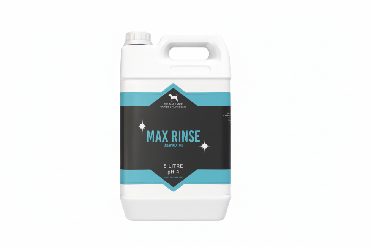 A 5 litre container of Max Encapsulating Acidic Rinse with a label that includes the brand logo, product name, and additional information.