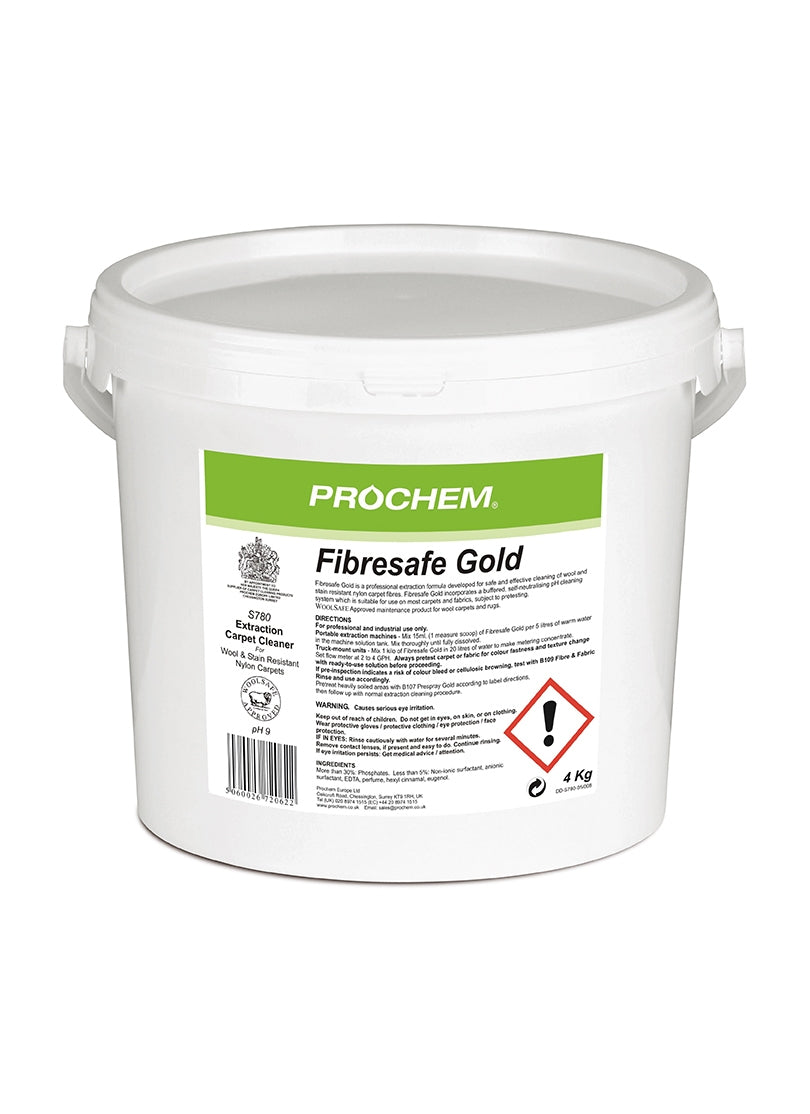Prochem Fibresafe Gold  a safe and effective powdered extraction detergent is for wool, stain resistant nylon and upholstery fabrics.