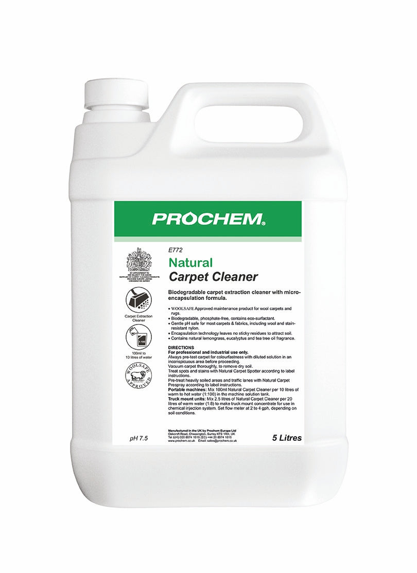 Prochem Natural Carpet Cleaner a WoolSafe approved  product for wool carpets and rugs.  A clear liquid with natural lemongrass and herbal fragrance