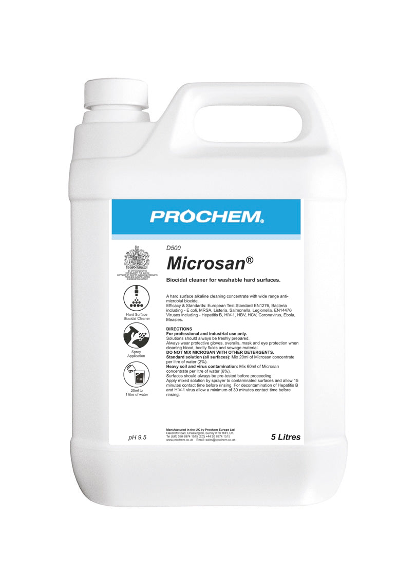 Prochem Microsan   a biocidal cleaner effective against bacteria including MRSA and viruses including Hepatitis B, HIV and Coronavirus.