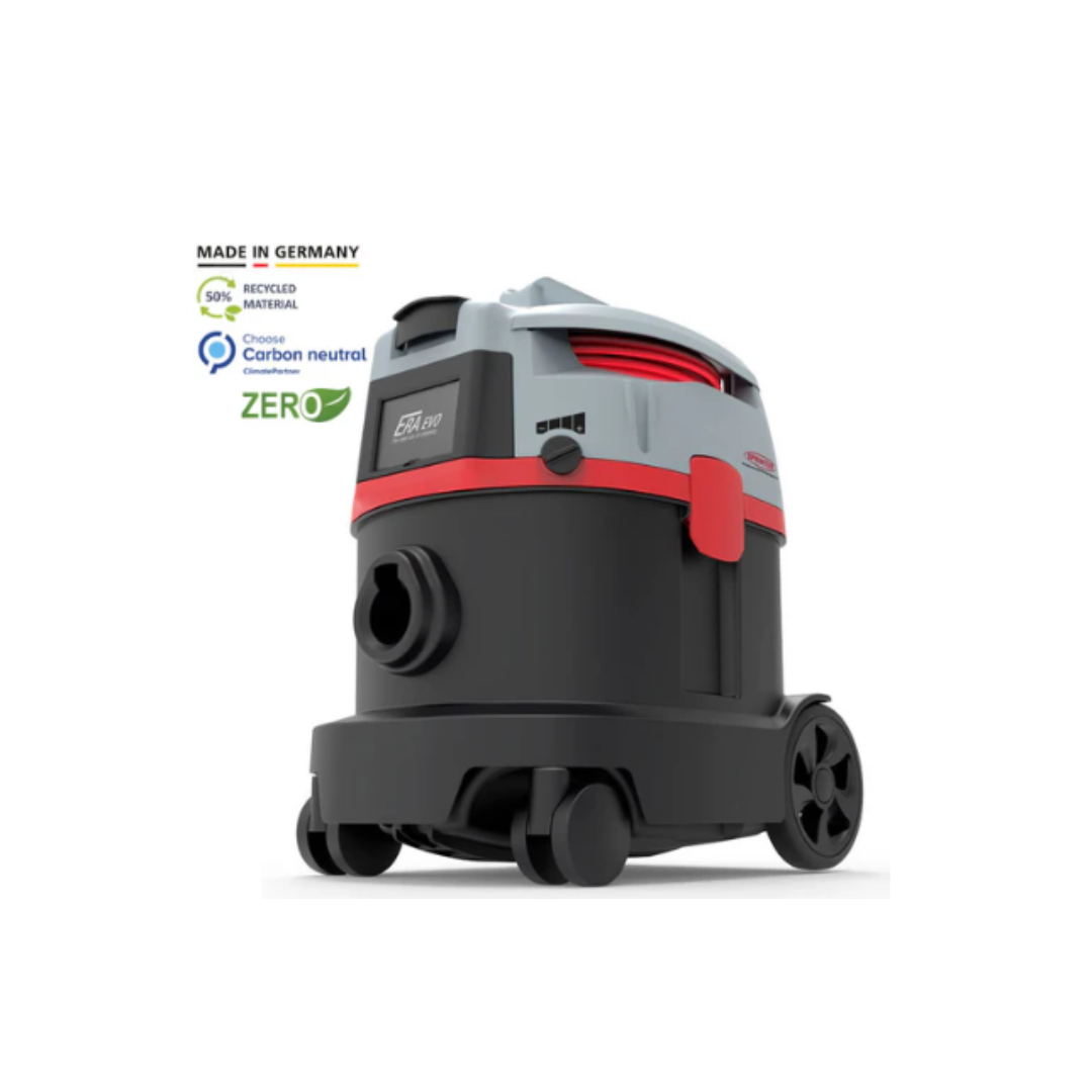 The quiet ERA EVO is versatile, compact, reliable and a true powerhouse.

The integrated cable rewind makes the safe and practical storage of the signal-red 10m power cord possible. If required, you can change the cable in just a few simple steps and without using any tools.
High-quality filter media, such as the standard fleece filter basket, the HEPA13 filter bag, and the HEPA13 filter cartridge guarantee clean blow-out air at all times and are particularly suitable for those who suffer from allergies or 